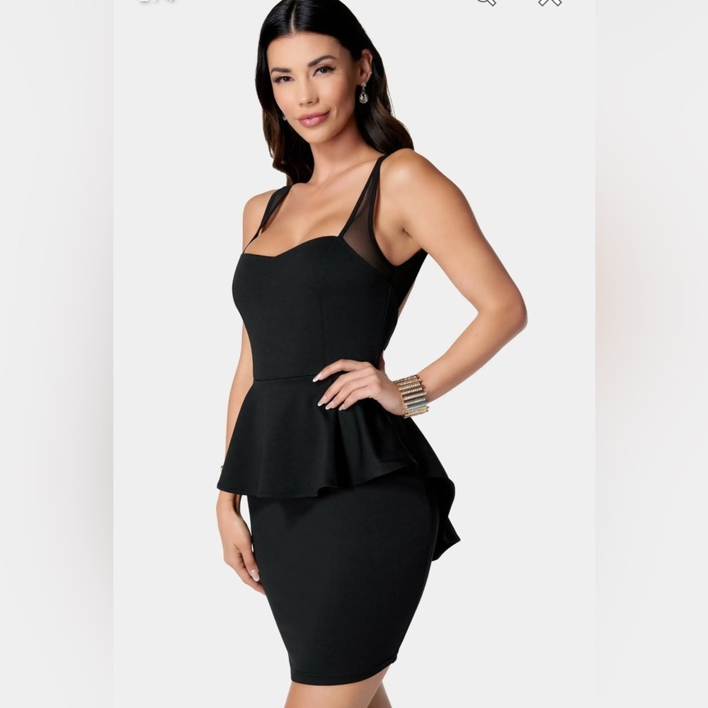 BEBE Black Peplum Bodycon Cocktail Mini Dress Open Back Sweetheart Neckline
